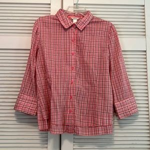 Ruffle Bottom 3/4 Sleeve Plaid Blouse